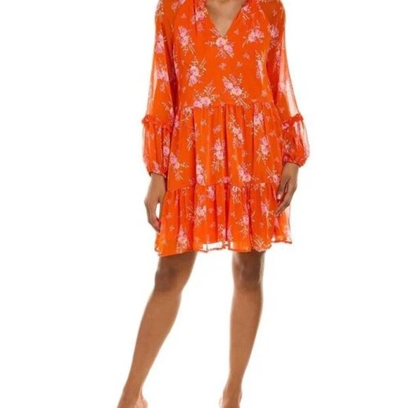 VINCE CAMUTO LADIES THREE TIER MINI DRESS, ORANGE/PINK Sz. Small NWT - Picture 3 of 9